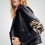 Women's Animal Print Black Sheepskin Leather Biker Jacket