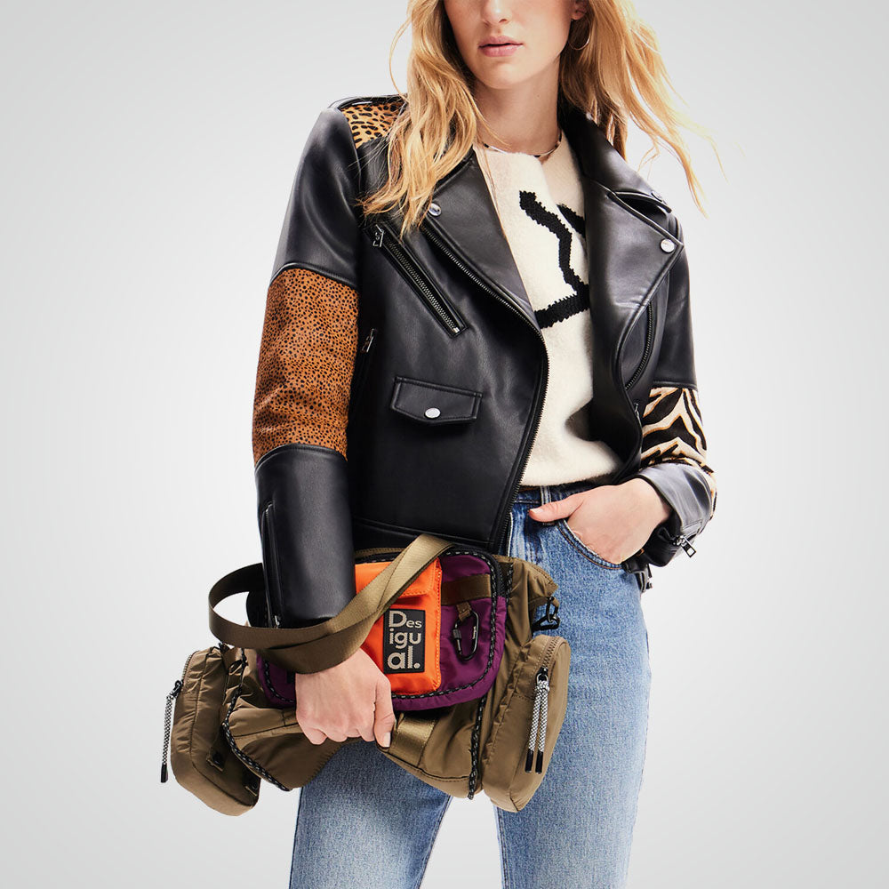 Women's Animal Print Black Sheepskin Leather Biker Jacket