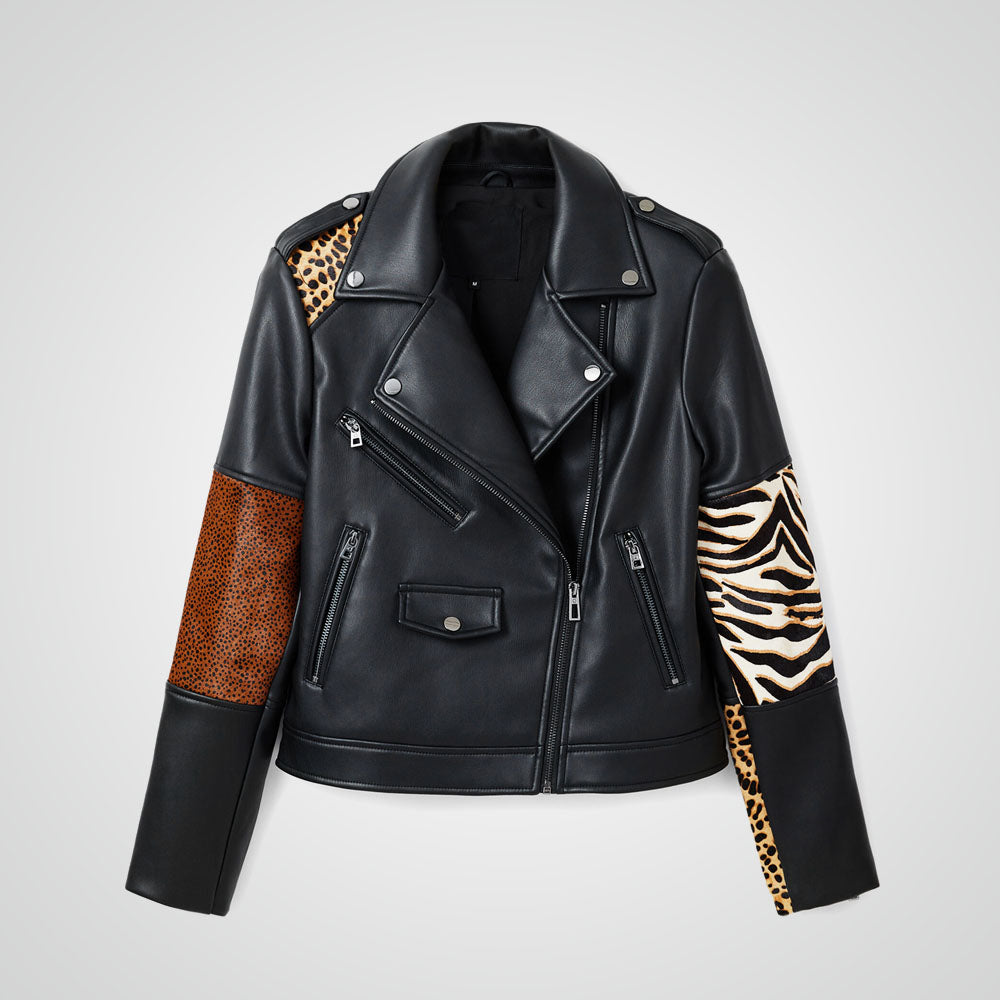Women's Animal Print Black Sheepskin Leather Biker Jacket