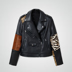 Women's Animal Print Black Sheepskin Leather Biker Jacket