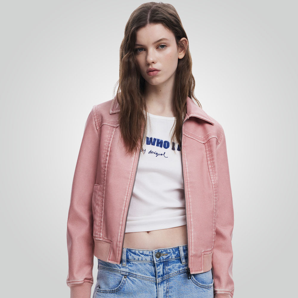 Women Biker Style Pink Leather Jacket