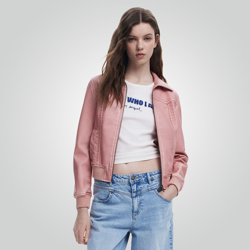 Women Biker Style Pink Leather Jacket