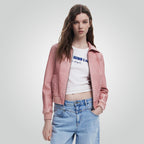 Women Biker Style Pink Leather Jacket