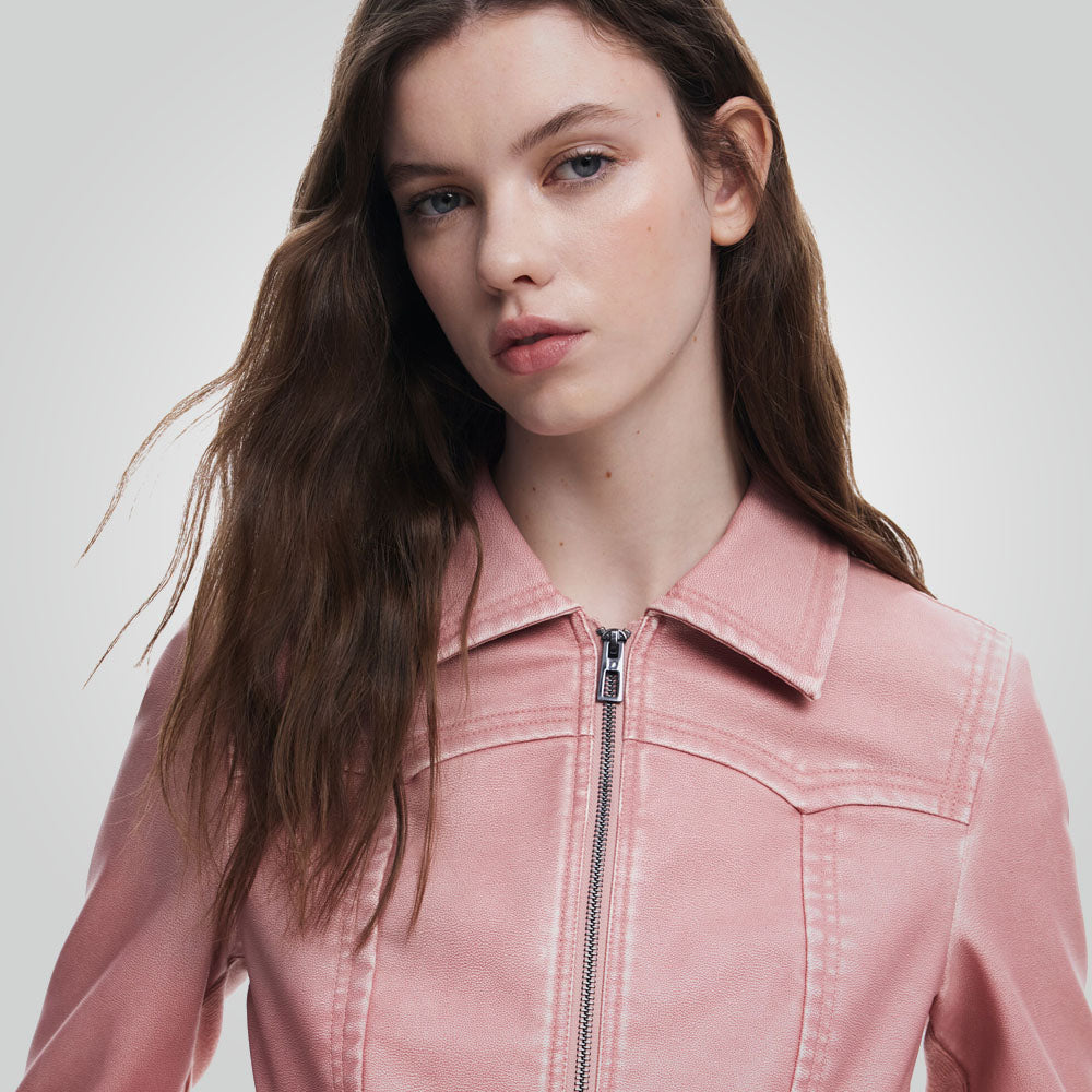 Women Biker Style Pink Leather Jacket