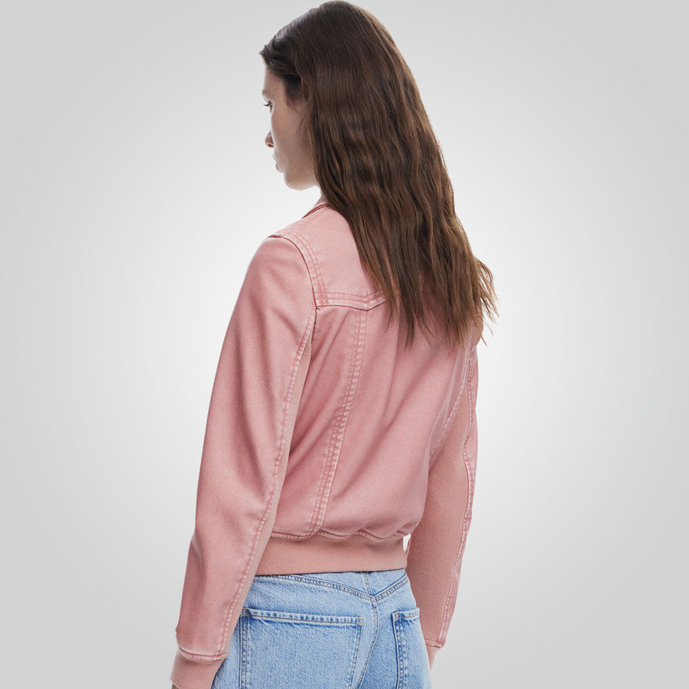 Women Biker Style Pink Leather Jacket
