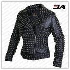 Women Black Brando Belted Round Cap Studded Leather Jacket