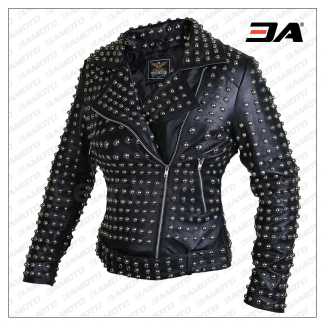 Women Black Brando Belted Round Cap Studded Leather Jacket