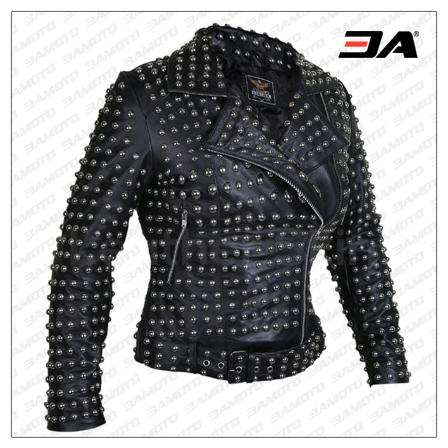 Women Black Brando Belted Round Cap Studded Leather Jacket