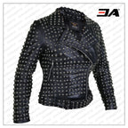 Women Black Brando Belted Round Cap Studded Leather Jacket