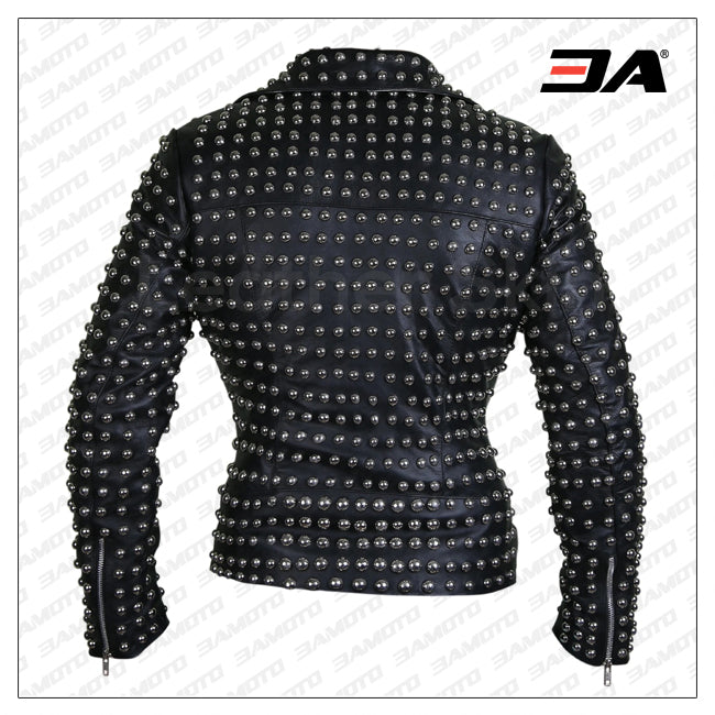 Women Black Brando Belted Round Cap Studded Leather Jacket