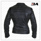 Women Black Brando Belted Round Cap Studded Leather Jacket