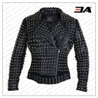 Women Black Brando Belted Round Cap Studded Leather Jacket