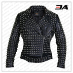 Women Black Brando Belted Round Cap Studded Leather Jacket