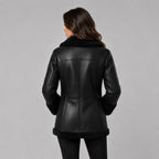 Women Black Leather Coat with Fur Trim Collar – Elegant Appeal
