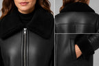 Women Black Leather Coat with Fur Trim Collar – Elegant Appeal