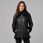 Women Black Leather Coat with Fur Trim Collar – Elegant Appeal