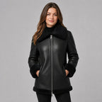 Women Black Leather Coat with Fur Trim Collar – Elegant Appeal