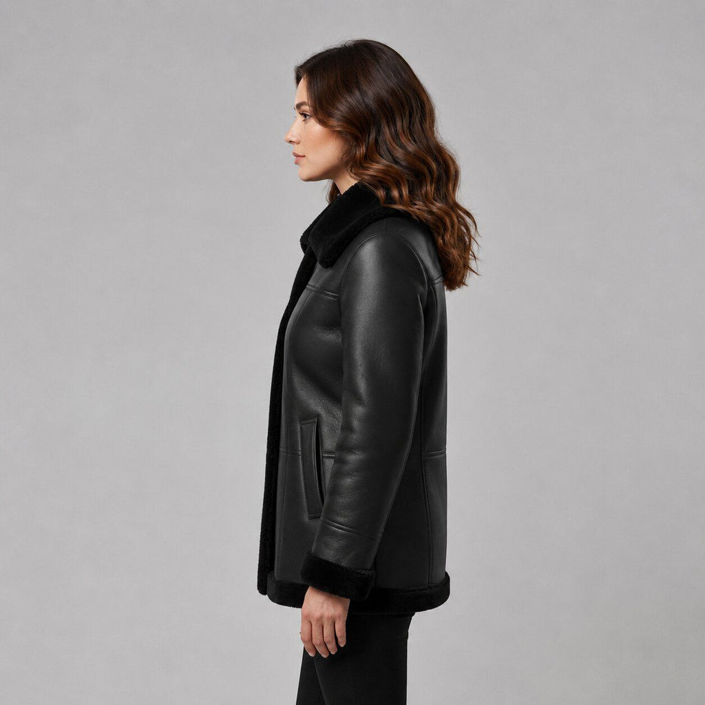 Women Black Leather Coat with Fur Trim Collar – Elegant Appeal