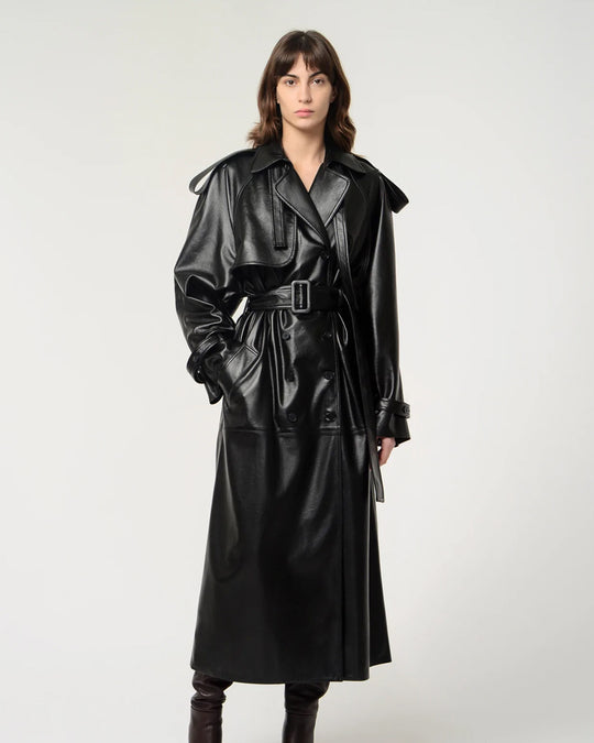 Fashion Women Black Leather Trench Coat