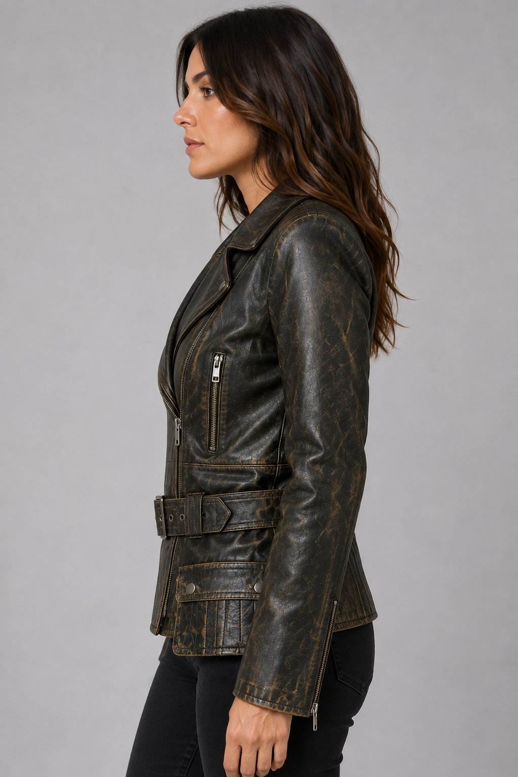 Women Brando Distressed Brown Biker Jacket – Vintage Appeal