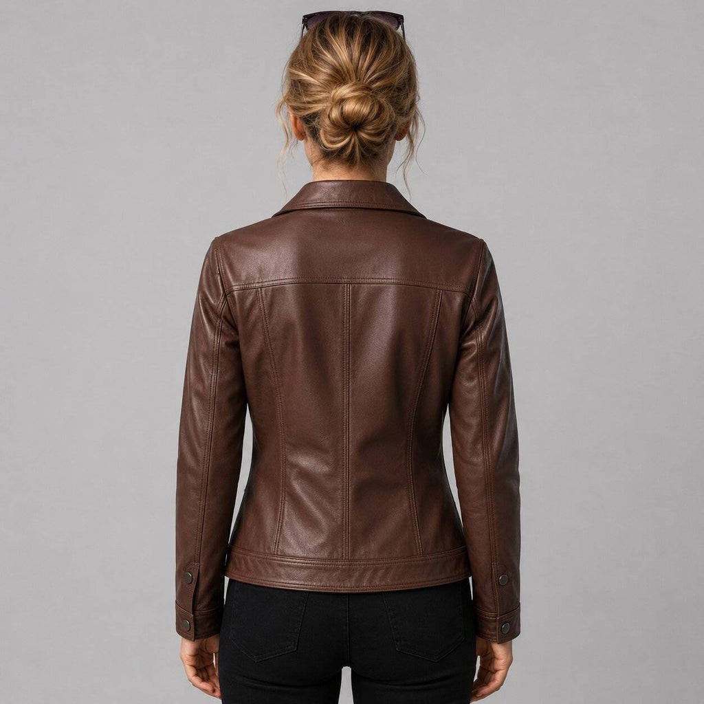 Women Brown Leather Full Zip Trucker Jacket – Classic Appeal