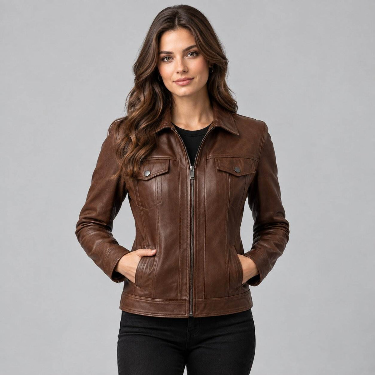Women Brown Leather Full Zip Trucker Jacket – Classic Appeal