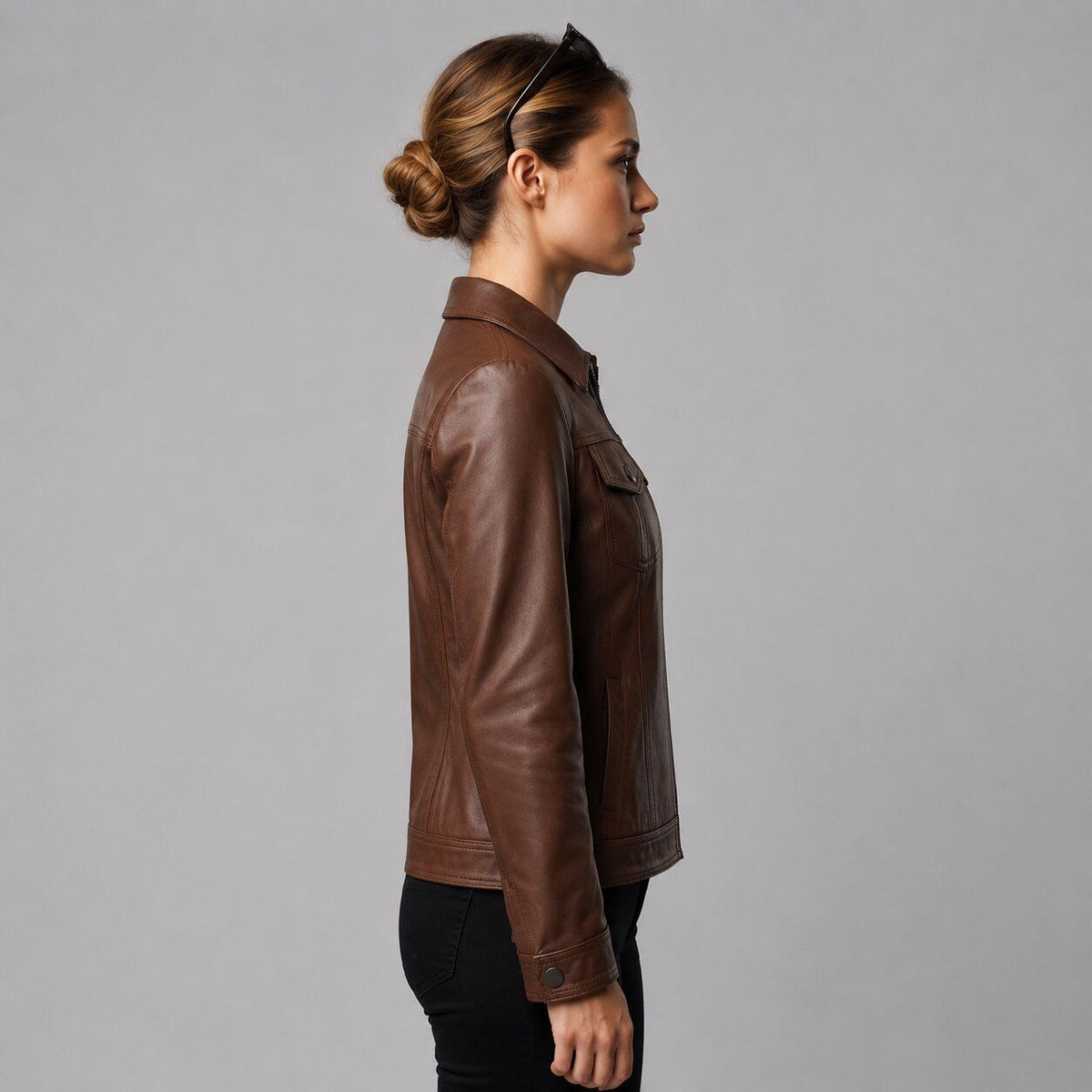 Women Brown Leather Full Zip Trucker Jacket – Classic Appeal