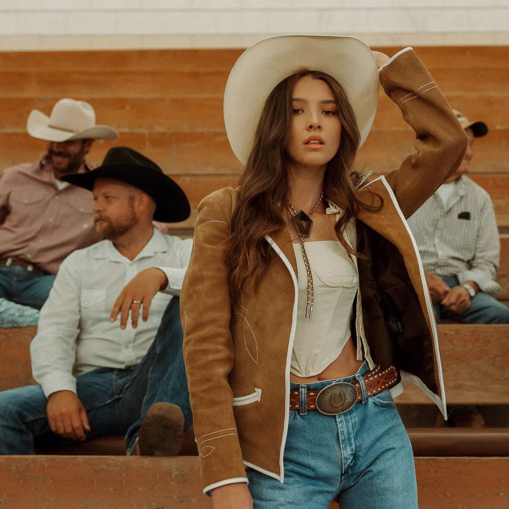 Women Cowboy Suede Jacket in Brown Leather
