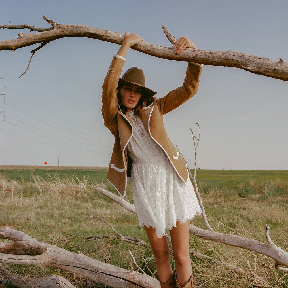 Women Cowboy Suede Jacket in Brown Leather