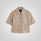 Women Cropped Beige Real Leather Shirt