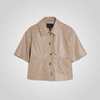 Women Cropped Beige Real Leather Shirt