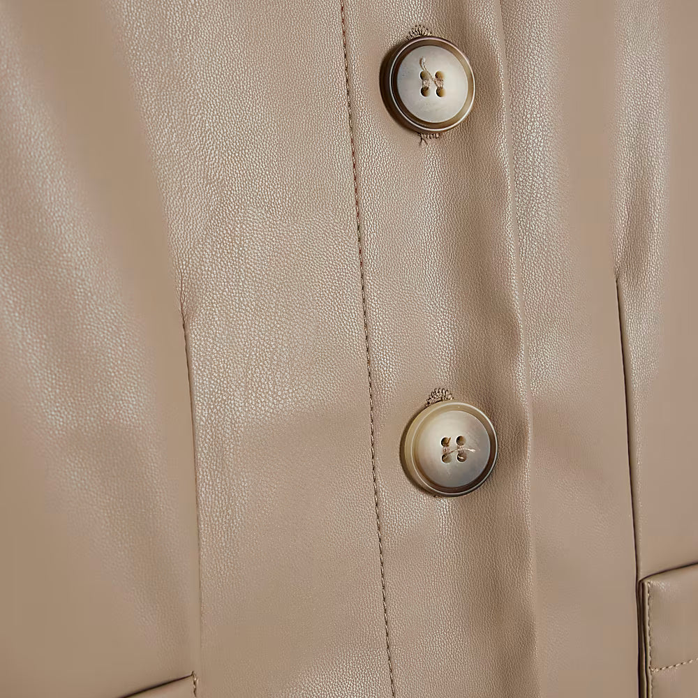 Women Cropped Beige Real Leather Shirt