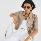 Women Cropped Beige Real Leather Shirt