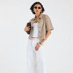 Women Cropped Beige Real Leather Shirt