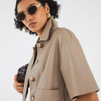 Women Cropped Beige Real Leather Shirt