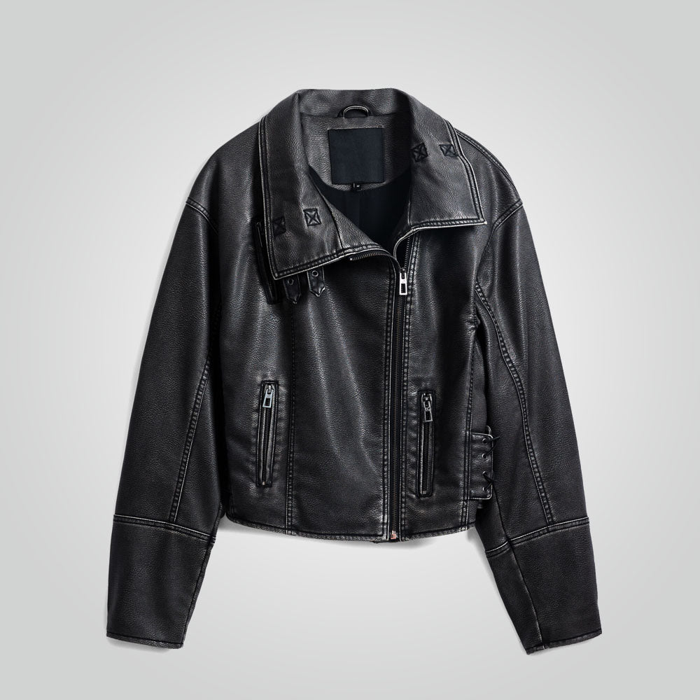 Women Distressed Black Leather Biker Jacket