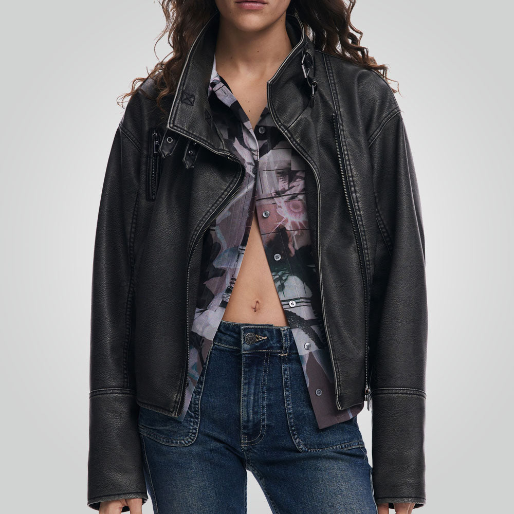 Women Distressed Black Leather Biker Jacket