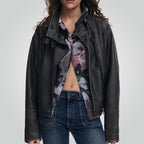 Women Distressed Black Leather Biker Jacket