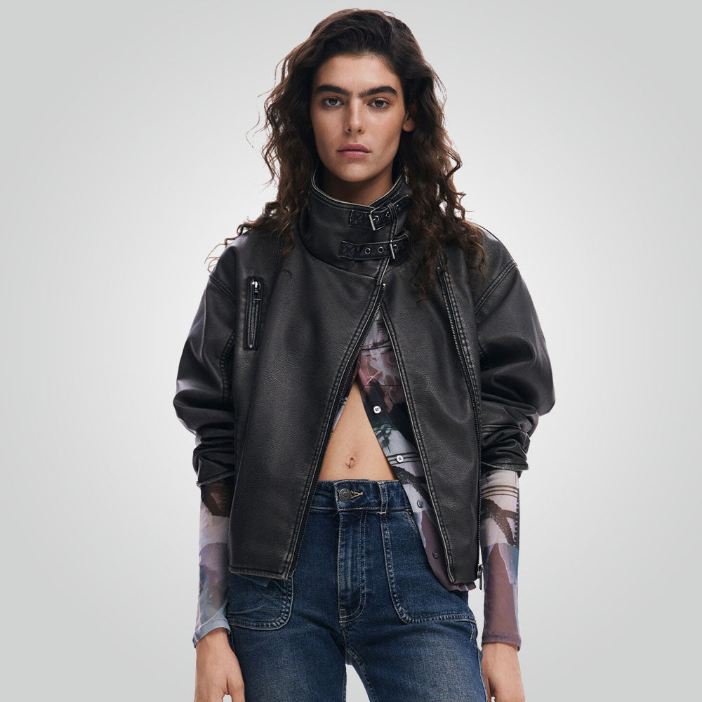 Women Distressed Black Leather Biker Jacket