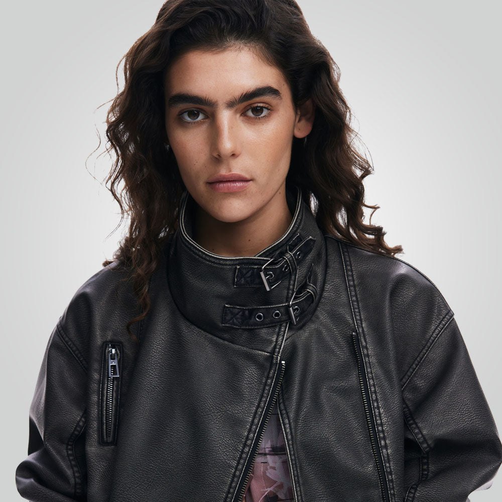 Women Distressed Black Leather Biker Jacket