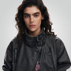 Women Distressed Black Leather Biker Jacket