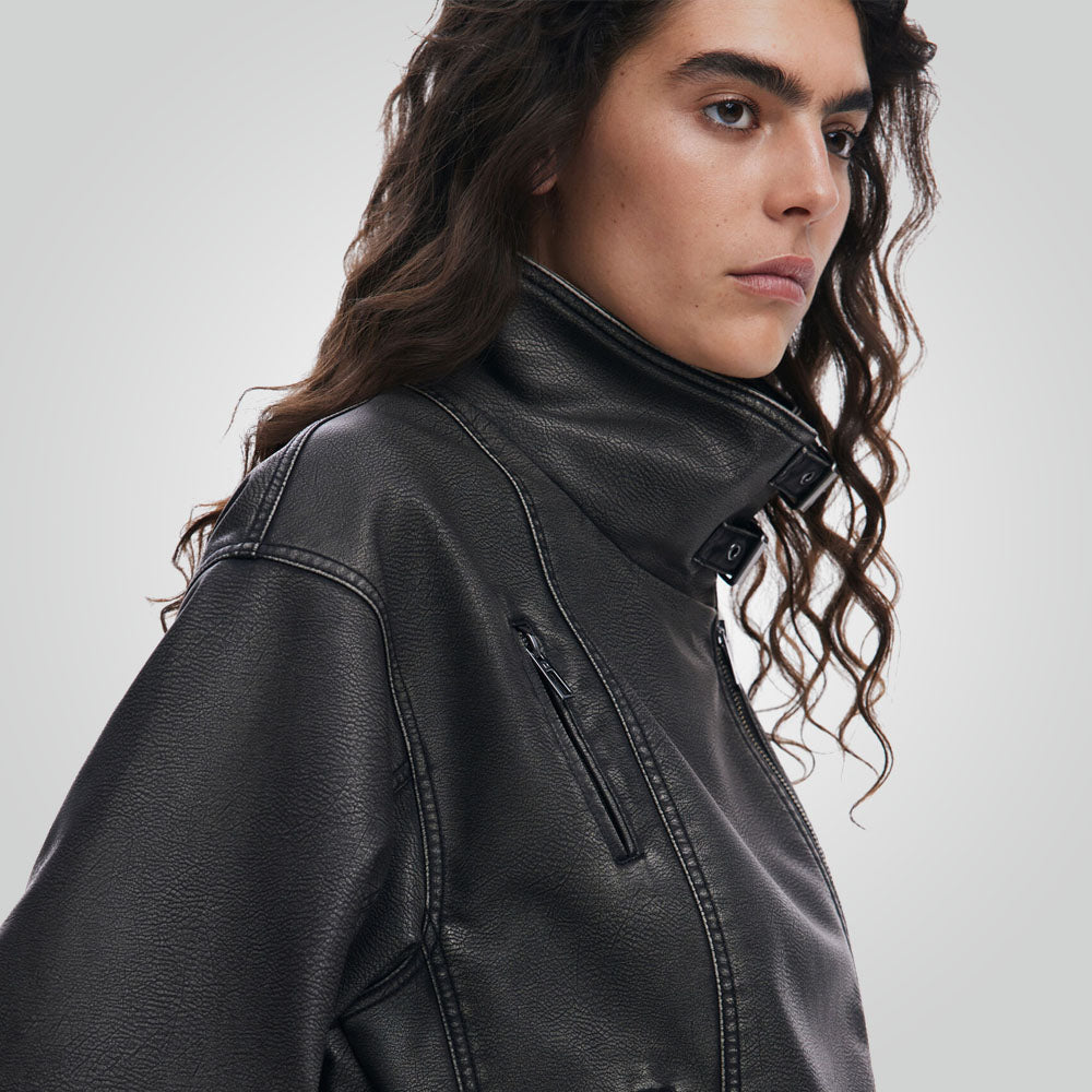 Women Distressed Black Leather Biker Jacket