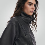 Women Distressed Black Leather Biker Jacket