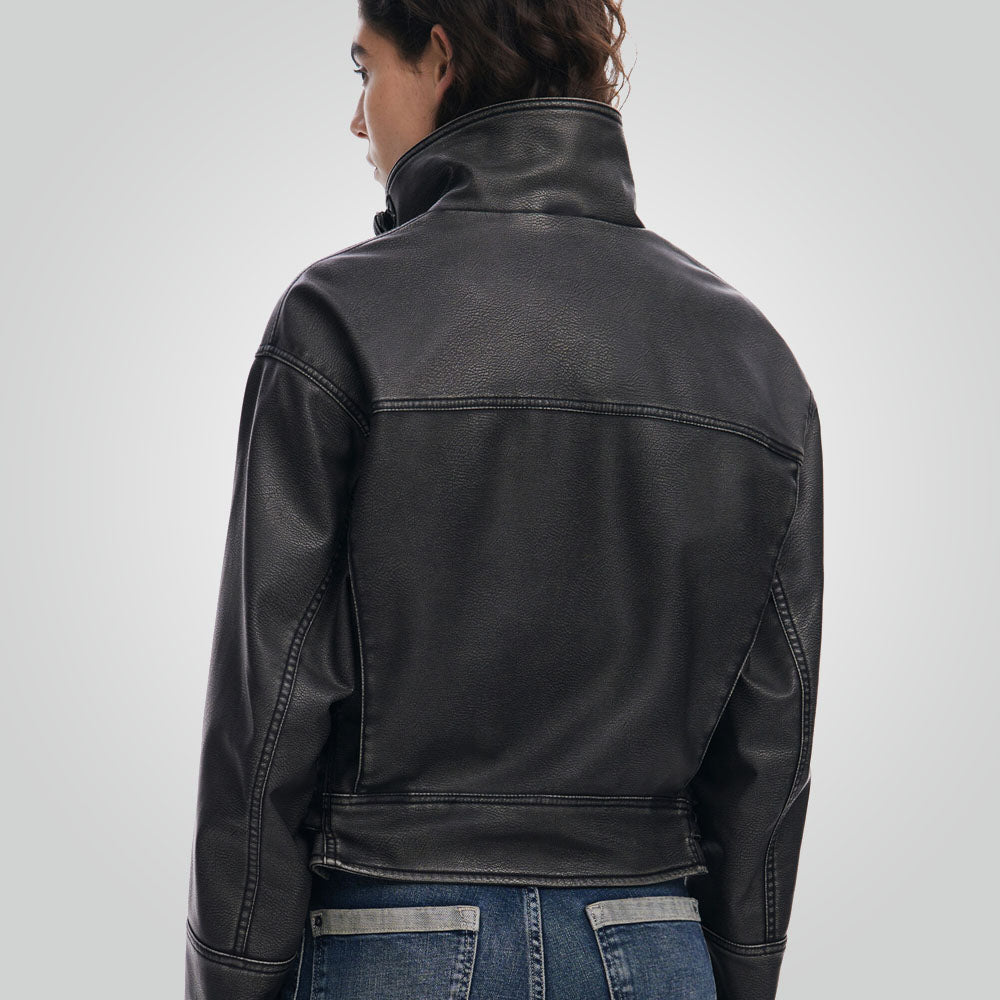 Women Distressed Black Leather Biker Jacket