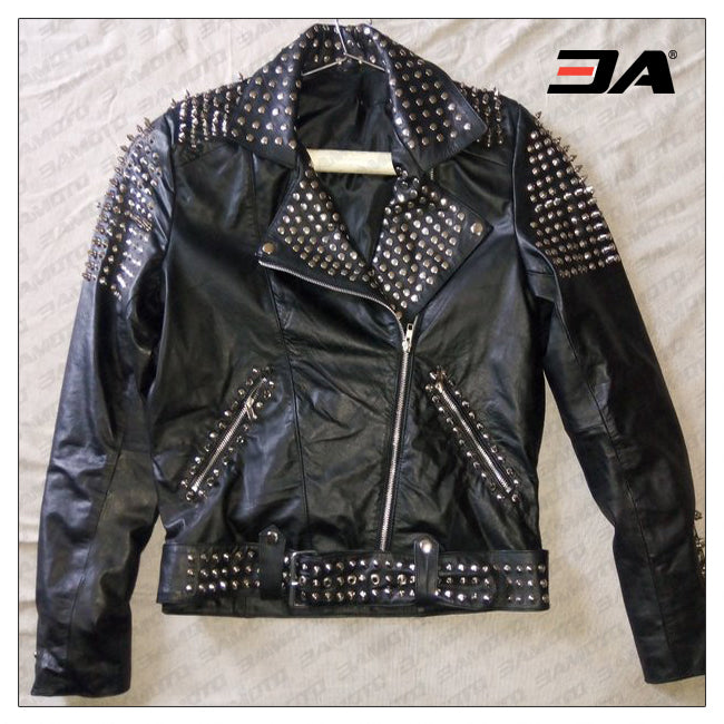 Women Fashion Studded Punk Rock Leather Jacket SJW119