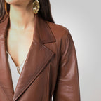 Women Goatskin Belted Brown Leather Jacket