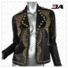 Women Golden Studded Leather Jacket, Steam Punk Golden Jacket, Dome Large Golden Studded Leather Jacket Steam Punk Rocker Girl Jacket