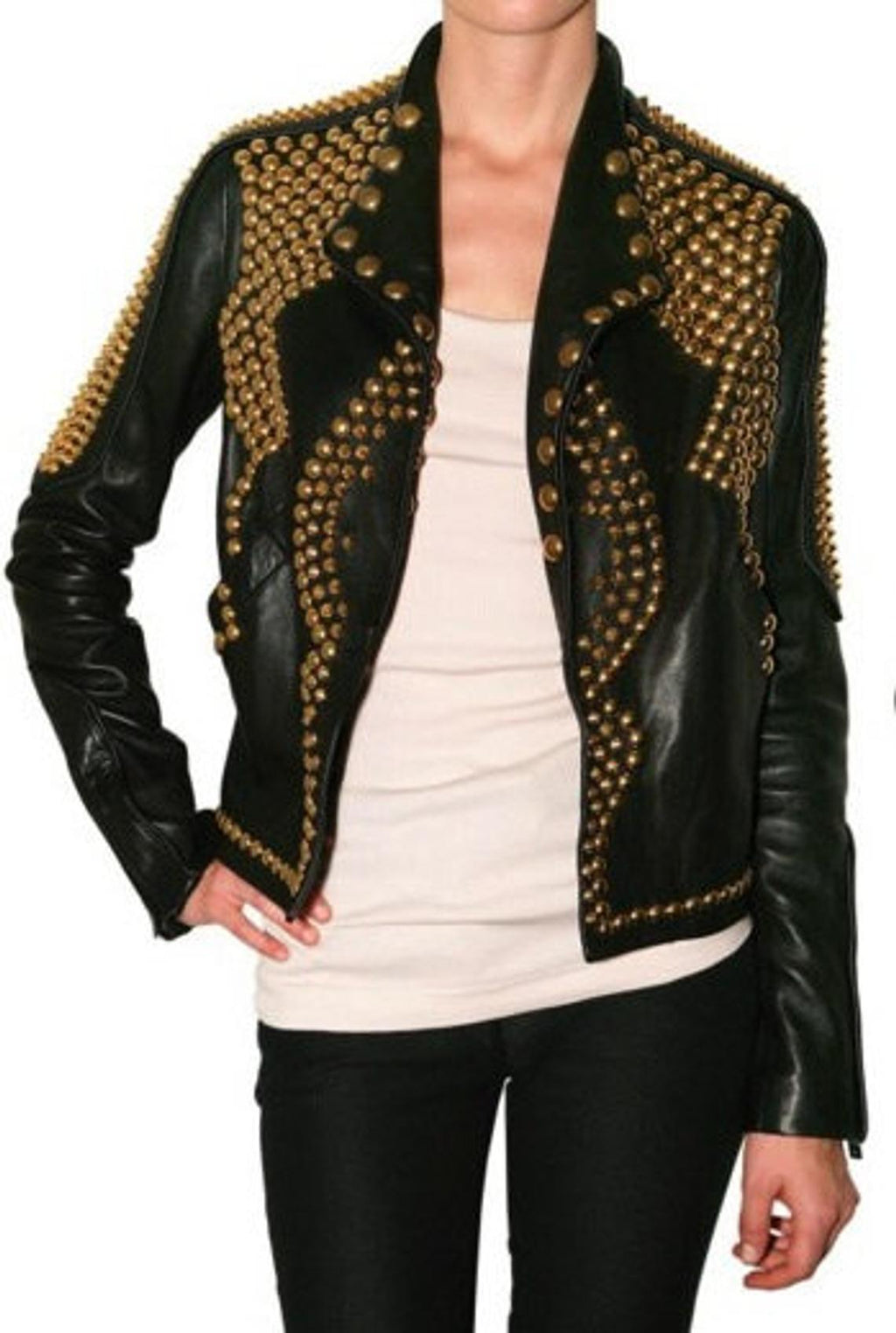 Women Golden Studded Leather Jacket, Steam Punk Golden Jacket, Dome Large Golden Studded Leather Jacket Steam Punk Rocker Girl Jacket