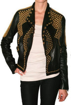 Women Golden Studded Leather Jacket, Steam Punk Golden Jacket, Dome Large Golden Studded Leather Jacket Steam Punk Rocker Girl Jacket