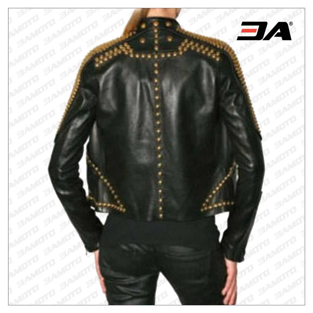 Women Golden Studded Leather Jacket, Steam Punk Golden Jacket, Dome Large Golden Studded Leather Jacket Steam Punk Rocker Girl Jacket